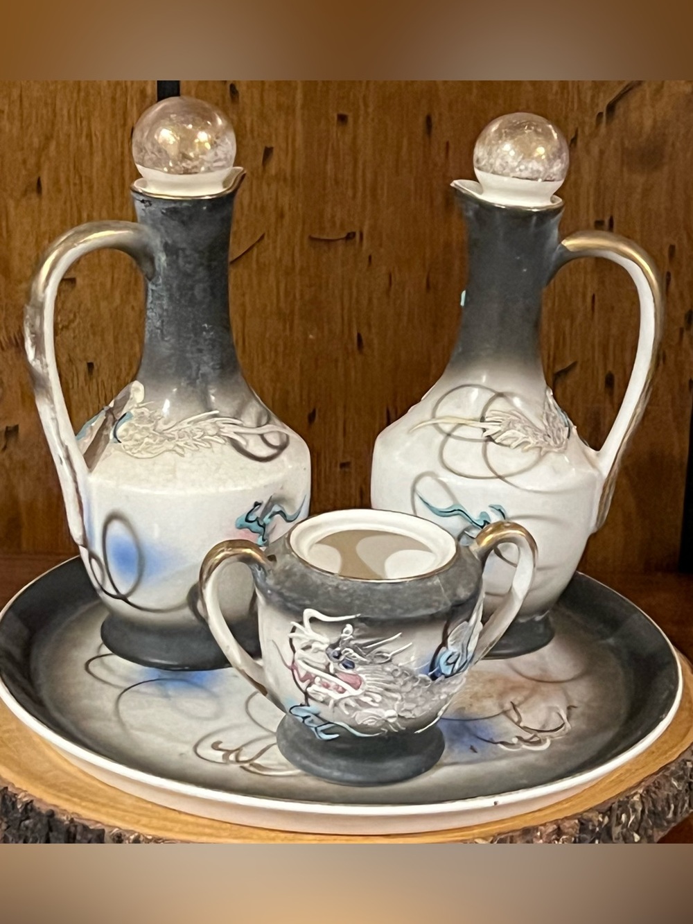 Vintage Hand Painted Dragon Cruet Set and Sugar Bowl